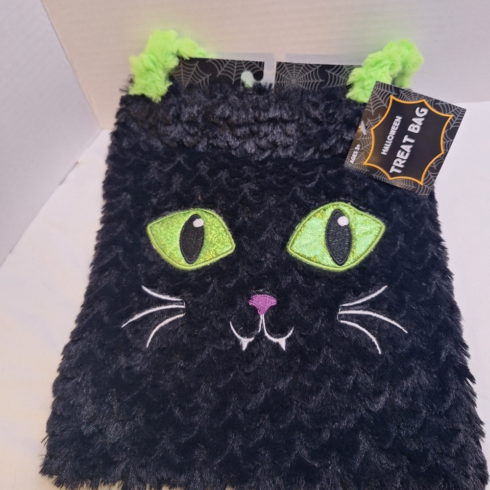 Halloween Black Cat Embroidered Trick-or-Treat Fuzzy Bag Double Handle 10x12